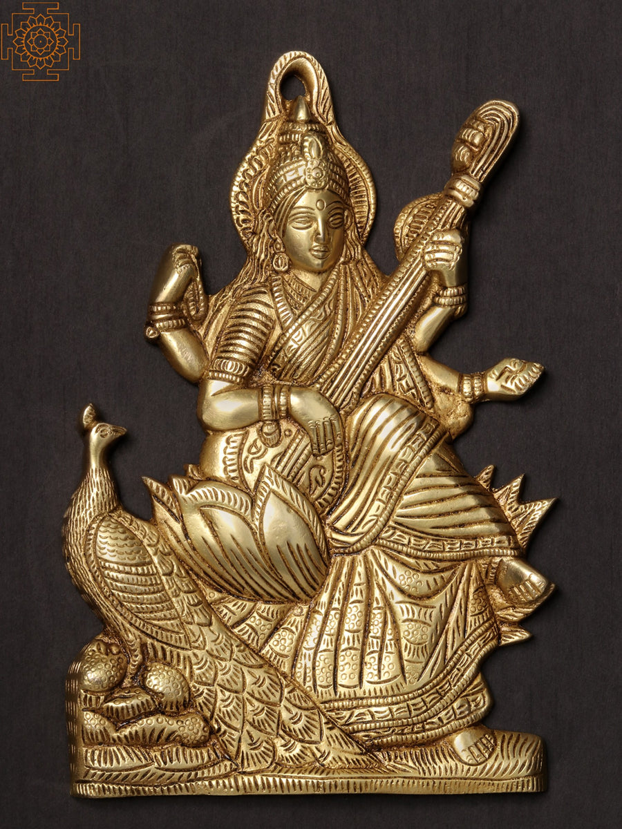 9'' Goddess Saraswati Brass Wall Hanging Statue for Home Decor