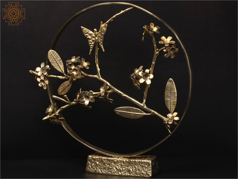 17'' Butterfly on Brass Plumeria Flowering Plant | Round Table Decor