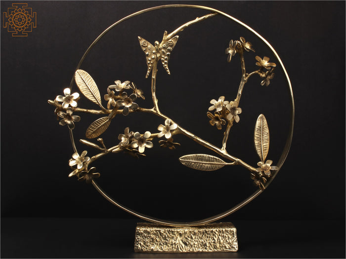 17" Handmade Brass Butterfly Plumeria Flowering Plant Table Sculpture
