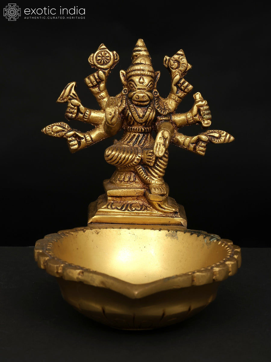 6" Brass Varahi Goddess Statue with Oil Lamp