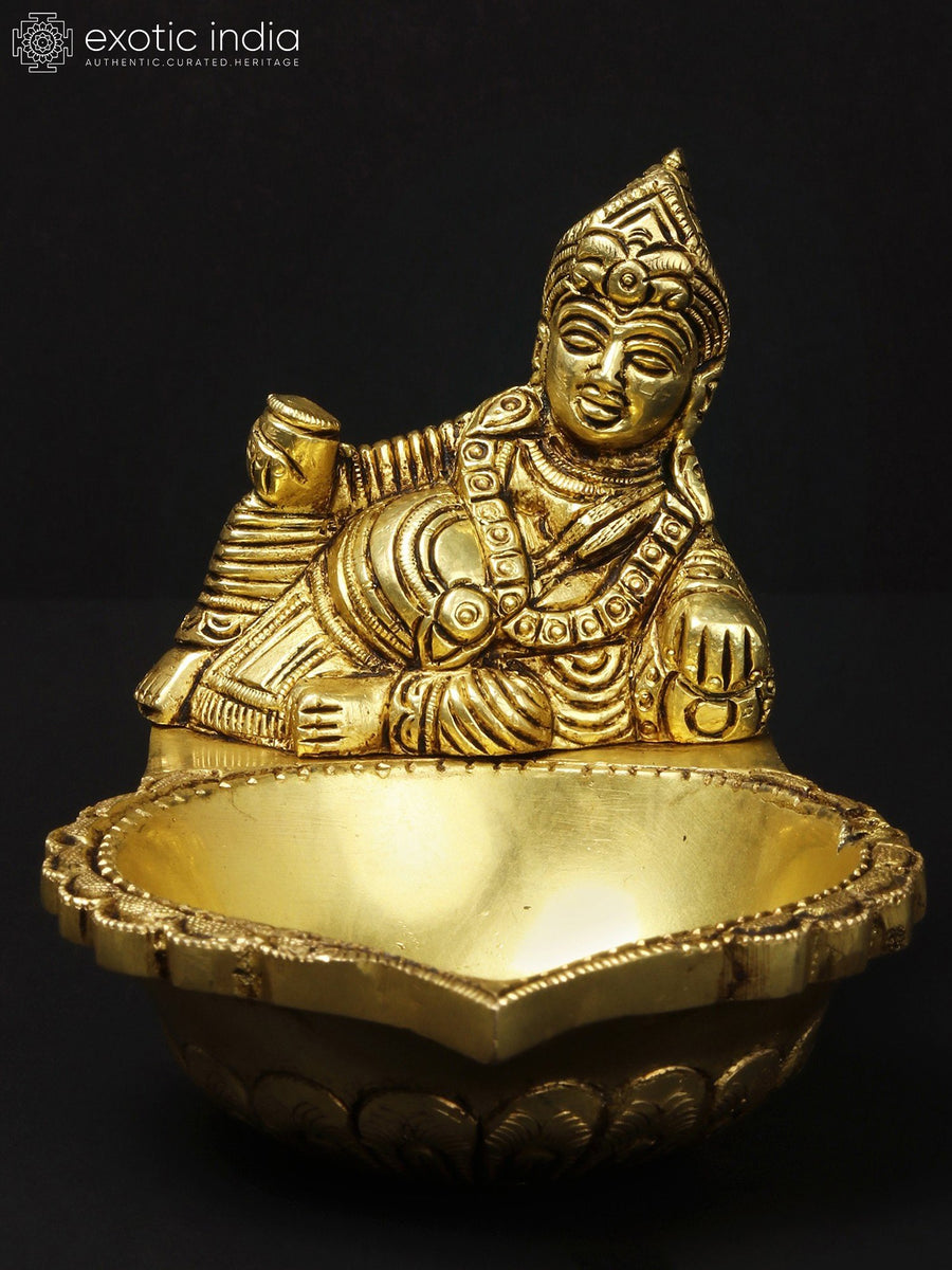 5" Kubera Hindu God Handmade Brass Statue with Oil Lamp
