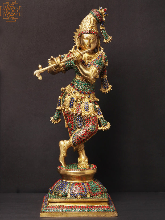 24" Tribhanga Krishna Playing Flute Brass Statue with Inlay Work