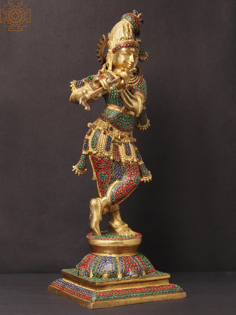 24" Tribhanga Murari Krishna Playing Flute | Brass With Inlay Work