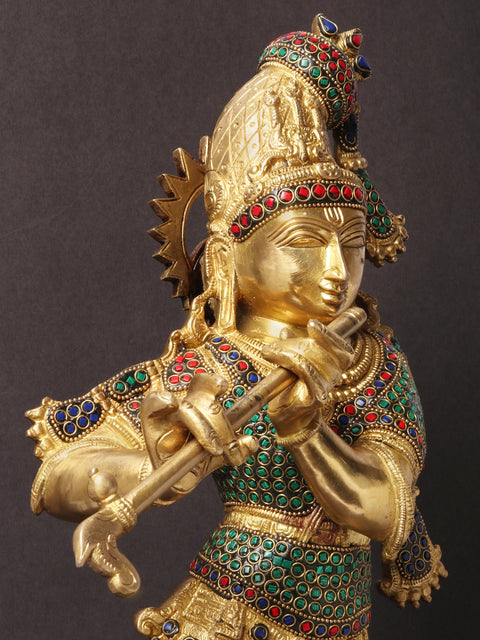 24" Tribhanga Murari Krishna Playing Flute | Brass With Inlay Work