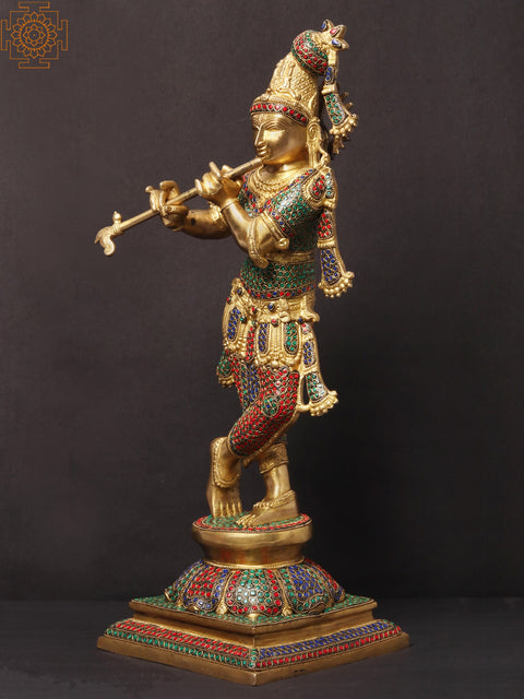 24" Tribhanga Murari Krishna Playing Flute | Brass With Inlay Work