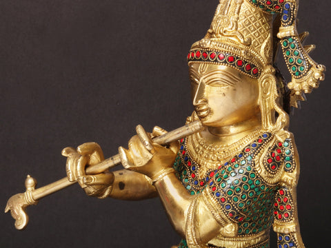 24" Tribhanga Murari Krishna Playing Flute | Brass With Inlay Work