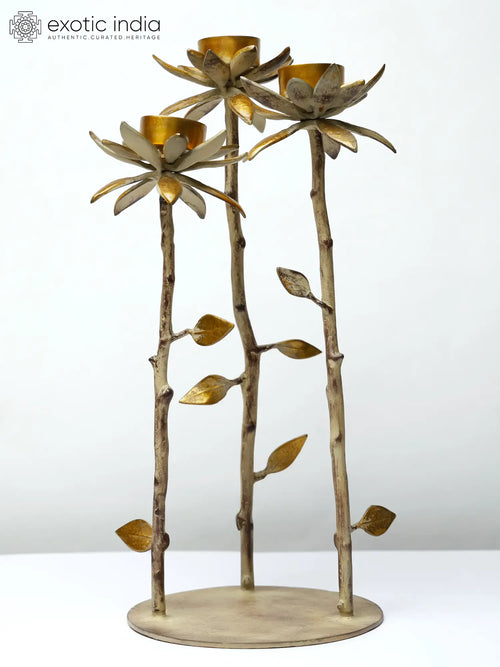 17" Brass Lotus Design Three Cup Candle Holder with Stand