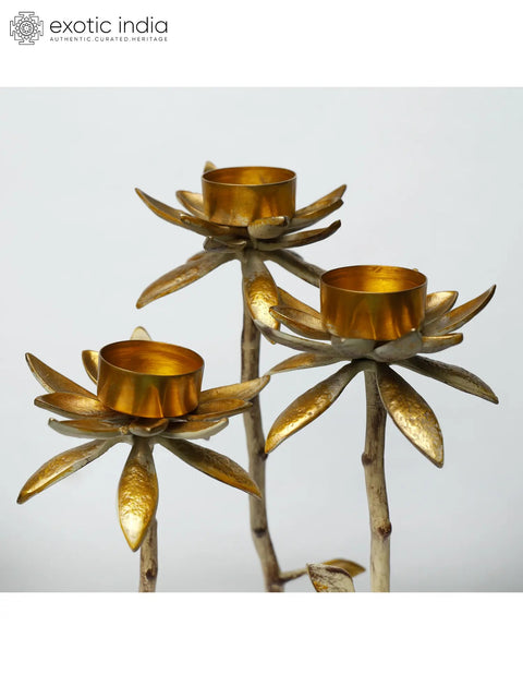 17" Brass Lotus Design Three Cups Candle Holder with Stand