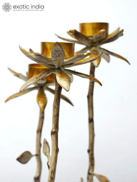 17" Brass Lotus Design Three Cups Candle Holder with Stand
