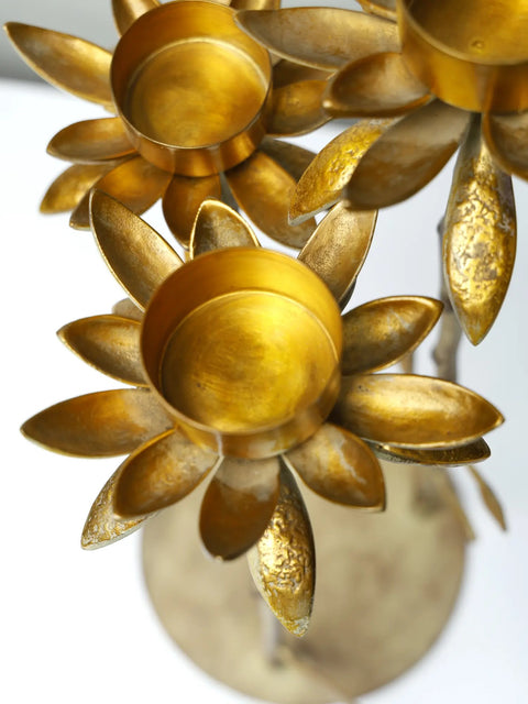 17" Brass Lotus Design Three Cups Candle Holder with Stand
