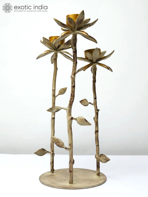 17" Brass Lotus Design Three Cups Candle Holder with Stand