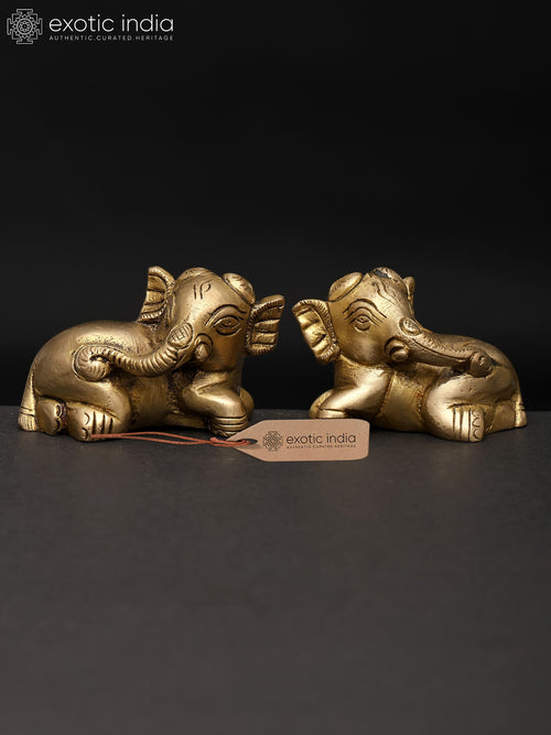 2" Small Reclining Baby Elephant Pair Brass Statue