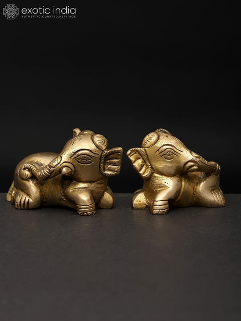 2" Small Reclining Baby Elephant Pair | Brass Statue