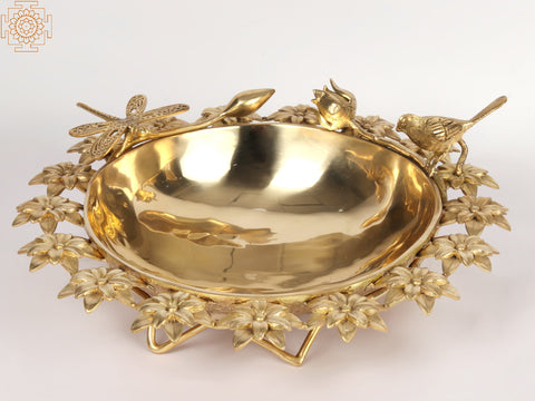 17" Brass Designer Urli with Flower and Birds
