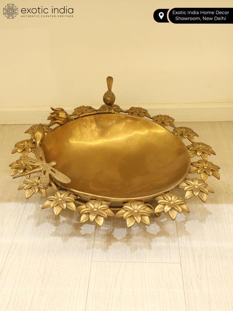 17" Brass Designer Urli with Flower and Birds