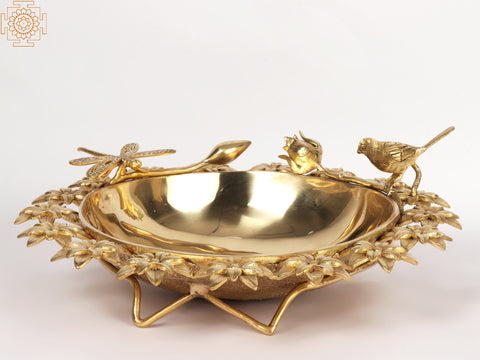 17" Brass Designer Urli with Flower and Birds