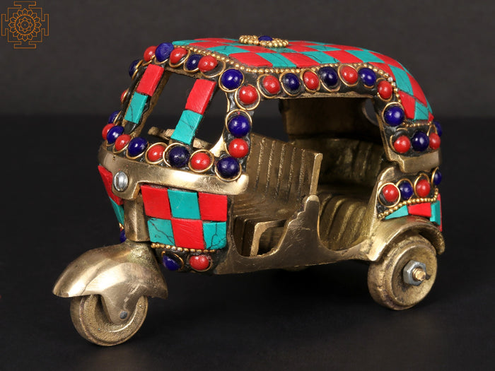 5" Brass Auto Rickshaw with Inlay Work Statue Table Decor
