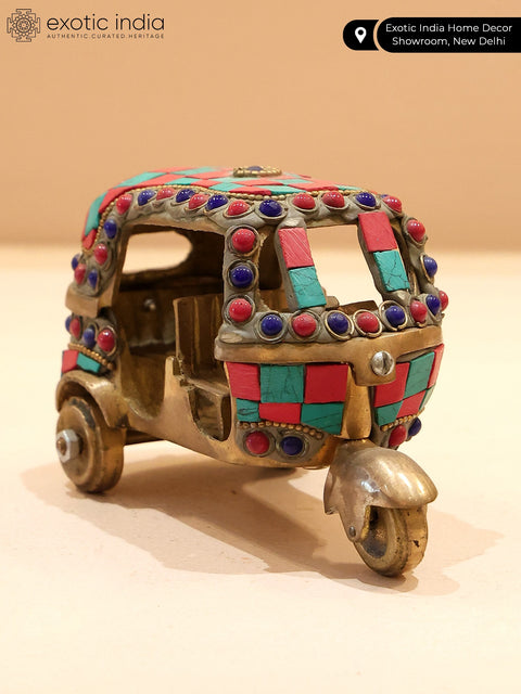 5'' Brass Auto Rickshaw with Inlay Work | Table Decor Item