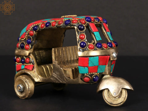 5'' Brass Auto Rickshaw with Inlay Work | Table Decor Item