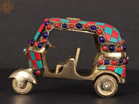 5'' Brass Auto Rickshaw with Inlay Work | Table Decor Item