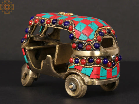 5'' Brass Auto Rickshaw with Inlay Work | Table Decor Item