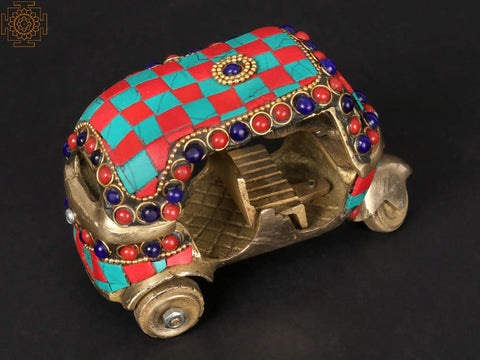 5'' Brass Auto Rickshaw with Inlay Work | Table Decor Item