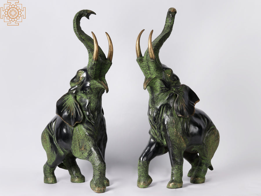 28" Brass Welcome Elephant Pair Statues for Home Decor