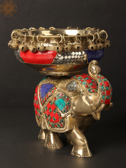 8'' Happy Elephant Carrying Urli | Brass With Inlay Work