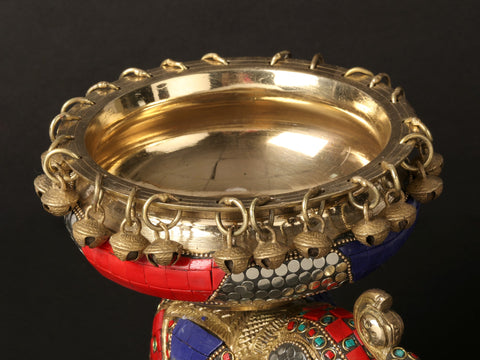 8'' Happy Elephant Carrying Urli | Brass With Inlay Work