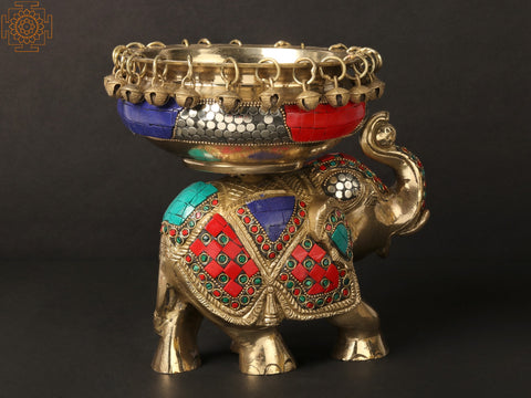 8'' Happy Elephant Carrying Urli | Brass With Inlay Work