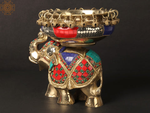 8'' Happy Elephant Carrying Urli | Brass With Inlay Work