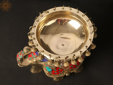 8'' Happy Elephant Carrying Urli | Brass With Inlay Work