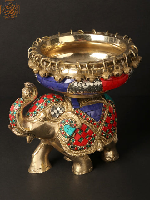 8'' Happy Elephant Carrying Urli | Brass With Inlay Work