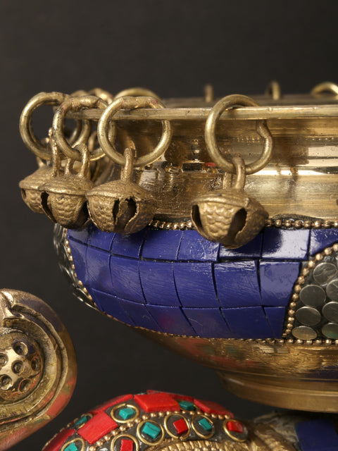8'' Happy Elephant Carrying Urli | Brass With Inlay Work