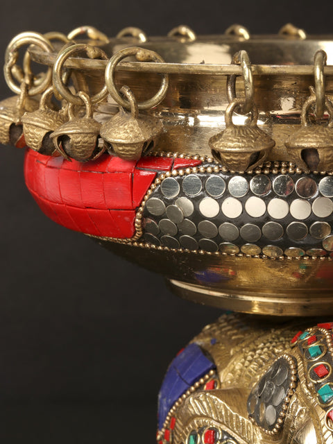 8'' Happy Elephant Carrying Urli | Brass With Inlay Work