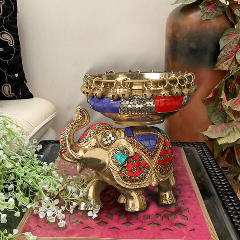 8'' Happy Elephant Carrying Urli | Brass With Inlay Work