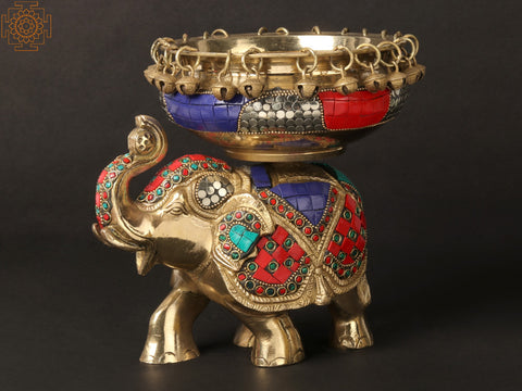 8'' Happy Elephant Carrying Urli | Brass With Inlay Work