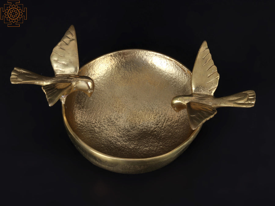 9" Brass Bowl Urli With Birds Statue for Home Decor