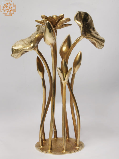 10" Lotus Flower and Buds Brass Statue with Stand