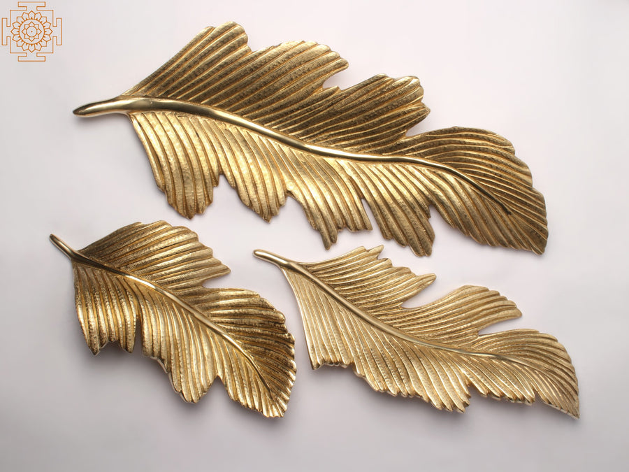 17'' Bird Feather Brass Wall Hanging Set of 3