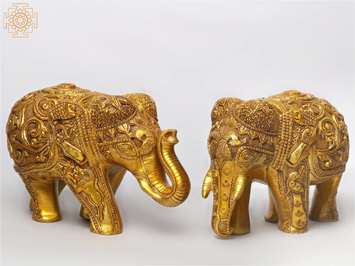 13" Decorated Brass Elephant Pair Statue