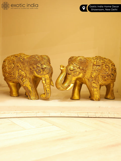 13" Pair of Decorated Elephant in Brass