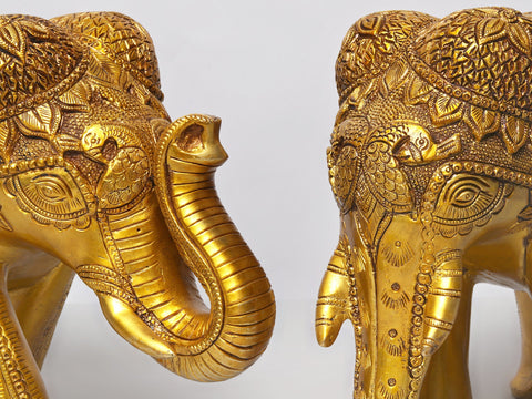 13" Pair of Decorated Elephant in Brass