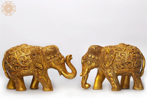 13" Pair of Decorated Elephant in Brass
