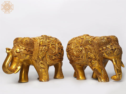 13" Pair of Decorated Elephant in Brass