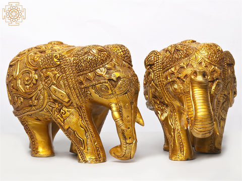 13" Pair of Decorated Elephant in Brass