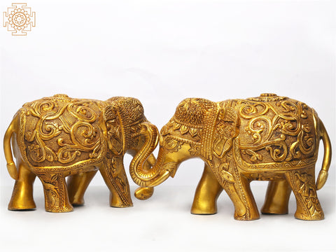 13" Pair of Decorated Elephant in Brass
