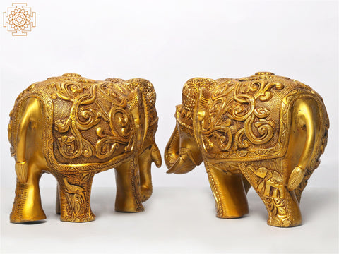13" Pair of Decorated Elephant in Brass
