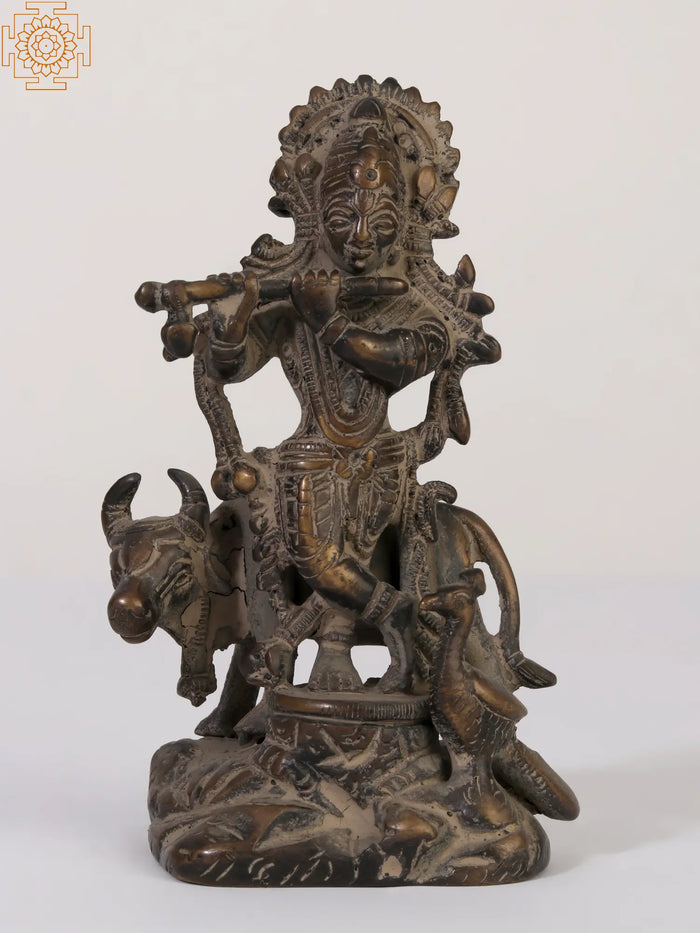 4" Brass Lord Venugopal Krishna Flute Idol with Cow and Peacock
