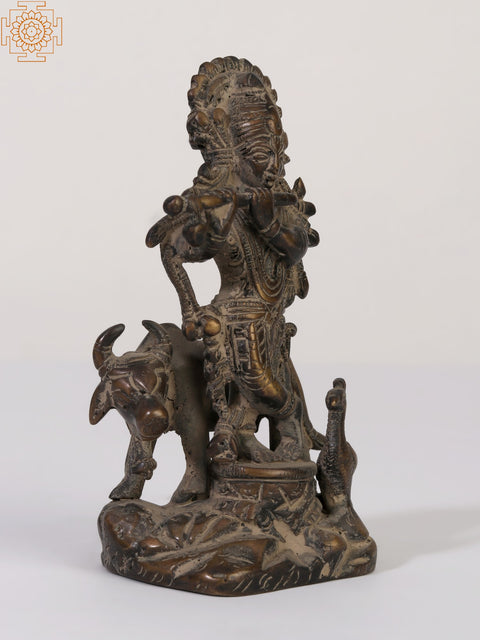 4" Small Lord Venugopal (Krishna) Playing Flute with Cow and Peacock
